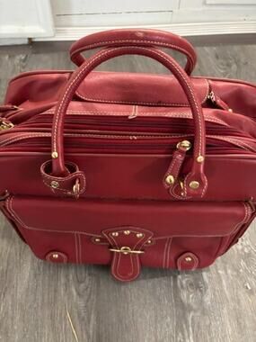 Franklin Covey Red Leather Rolling Briefcase Laptop Travel Bag 16x12 Carry On